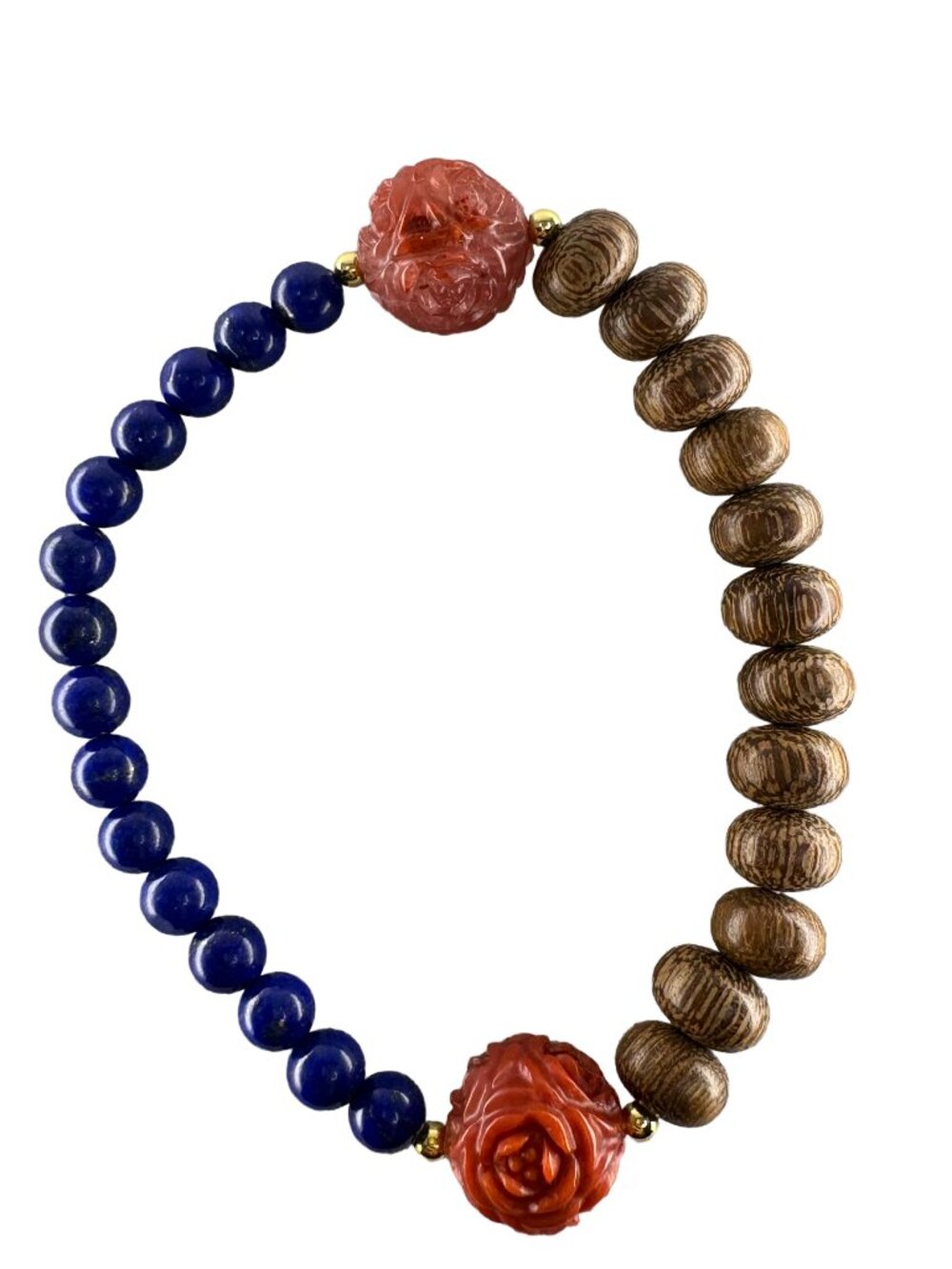 Hand-Carved Red Agate Rose Agarwood Lapis Lazuli Bracelet 18K Gold Filled 6.75"